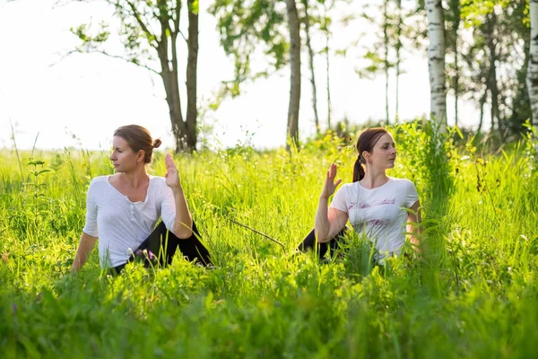 Dos mujeres jóvenes y atractivas practicando yoga, sentadas en ardha matsyendrasana hacen ejercicio al aire libre en la naturaleza . — Foto de Stock