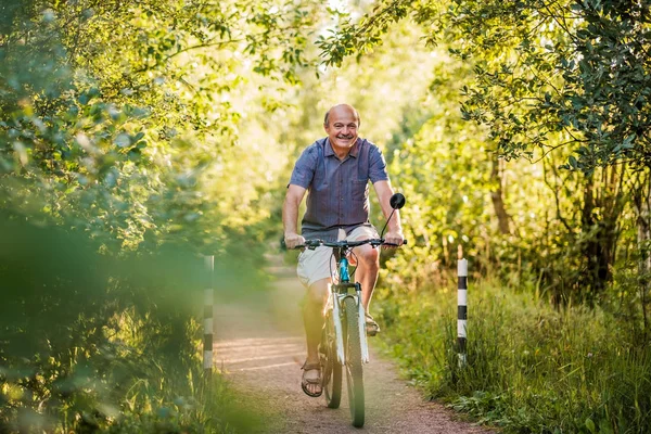 Örömteli Magas Rangú Ember Biciklizés Egy Parkban Egy Szép Napsütéses — Stock Fotó