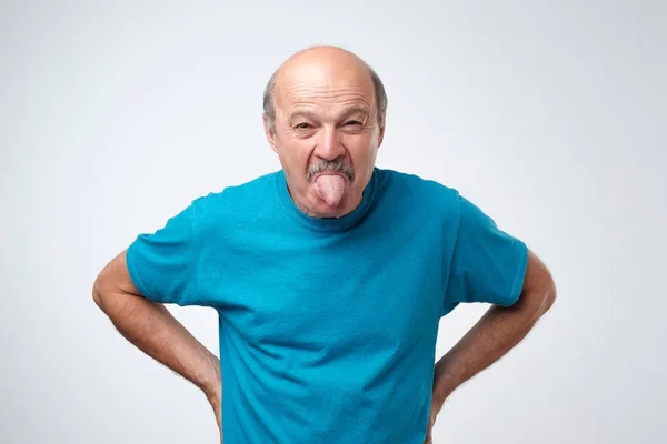 Mature Hispanic Man Showing Tongue Funny Grimace Being Yourself You — Stock Photo, Image