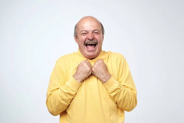 Mature Adult Man Yellow Tshirt Moustache Laughing Looking Camera White — Stock Photo, Image