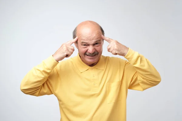 Displeased Mature Bald Man Dissatisfied Hair Loss Negative Facial Emotion — Stock Photo, Image