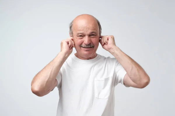 Stop Loud Noise Concept Mature Man White Tshirt Suffering Loud — Stock Photo, Image