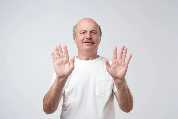 Portrait Unhappy Casual Man Showing Sop Sign Deny Continue Relations — Stock Photo, Image