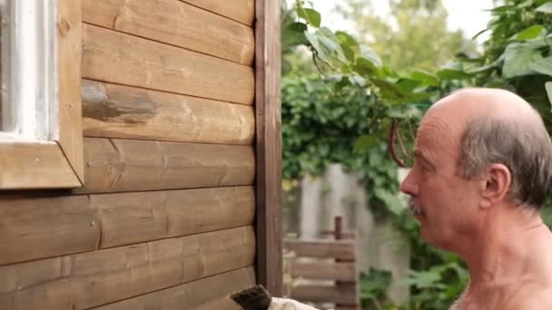 Een oudere blanke man behandelt muren met speciale verf van parasieten. — Stockvideo