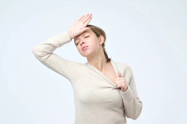Sickness European Woman Gray Sweater Holding Her Hand Head Feeling — Stock Photo, Image