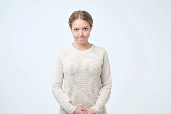 Portrait Puzzled Woman Looking Big Opened Eyes Camera Biting Her — Stock Photo, Image