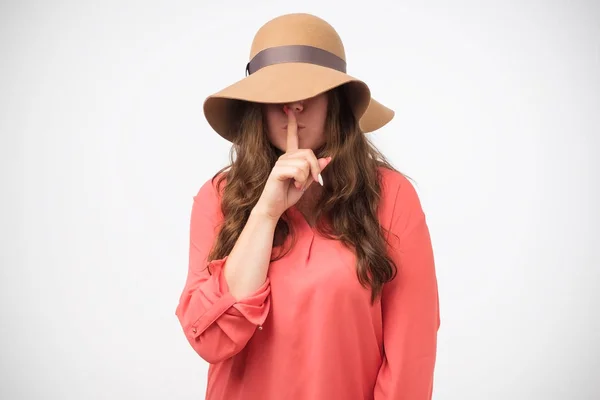 Shhh Έννοια Πορτραίτο Του Μυστηριώδες Κορίτσι Στο Καπέλο Χειρονομία Σιωπή — Φωτογραφία Αρχείου