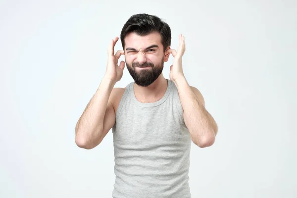 Hispanic Young Handsome Man Black Beard Covering His Ears Hands — Stock Photo, Image