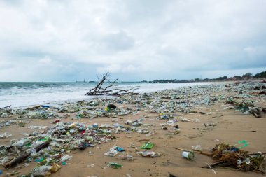 Çöp plajda, Bali Endonezya çevre kirliliği.