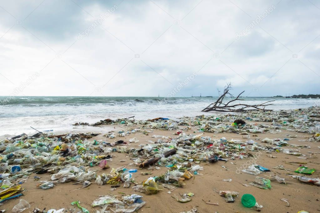 Garbage on beach, environmental pollution in Bali Indonesia.