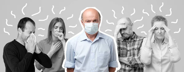 Горизонтальный портрет нескольких мужчин и женщин, страдающих гриппом. Мужчины посередине в специальной маске — стоковое фото