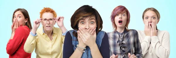 Retrato horizontal de varias hembras cierra las manos sobre la boca en shock por lo que escucharon . — Foto de Stock