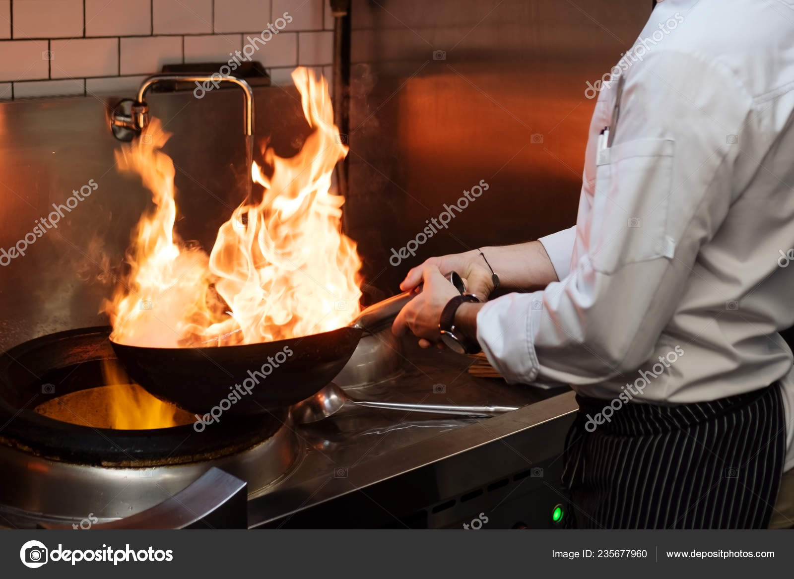 Man Cooks Cooking Deep Fryers Kitchen Fire Process Food Cooking