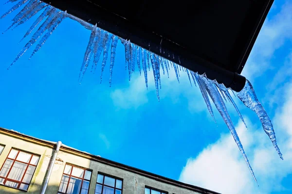 Winter Und Zeitigen Frühling Fallen Lange Eiszapfen Vom Dach Ist — Stockfoto