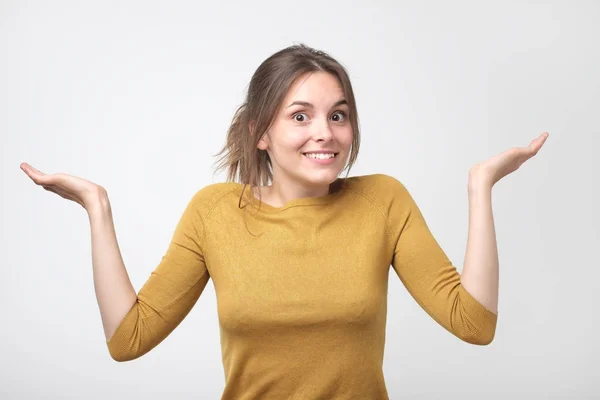 Smiling European Student Woman Gesture Asking Gray Background Looking Camera — Stock Photo, Image