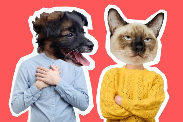 Collage of disappointed young couple with dog and cat head. Being offend on each other.