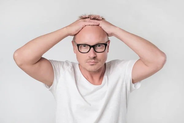 Man Glasses Wearing White Shirt Staring Shocked Devestated Camera Feeling — Zdjęcie stockowe
