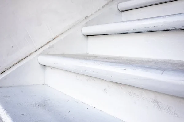 Wooden white staircase close up view. Detail of rural house. — ストック写真