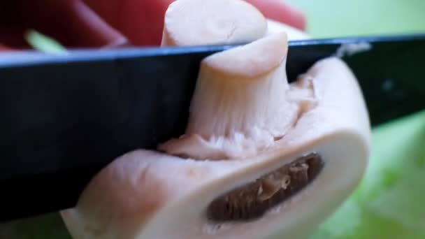 Macro view on knife cutting mushroom on slices. — Stock Video