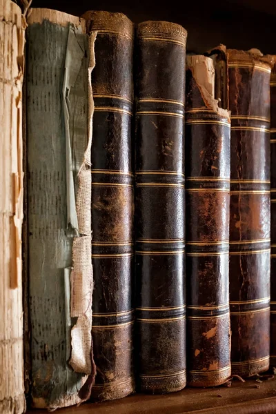 Old vintage books standing in a row. Library shelf at college. — Stock Photo, Image