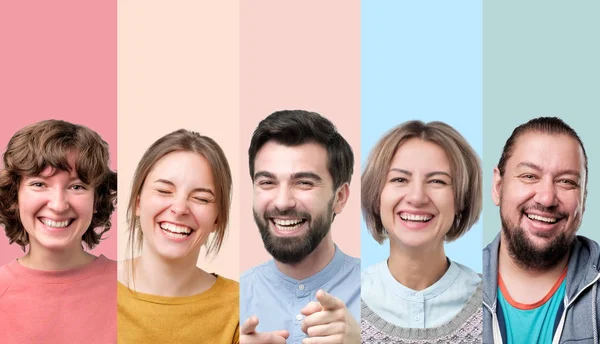 Mannen en vrouwen lachen op grap met goed humeur. — Stockfoto