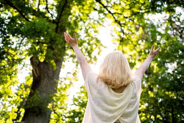 Mujer escandinava mayor junto al árbol con las manos en alto . —  Fotos de Stock