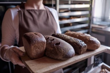 Satıcı farklı ekmek taze somun ile bir tepsi tutan