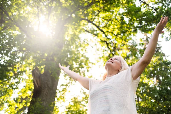 Mujer escandinava mayor junto al árbol con las manos en alto . — Foto de Stock
