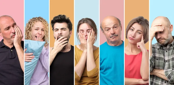 Colagem de homens e mulheres sonolentos e sonolentos cansados e exaustos . — Fotografia de Stock