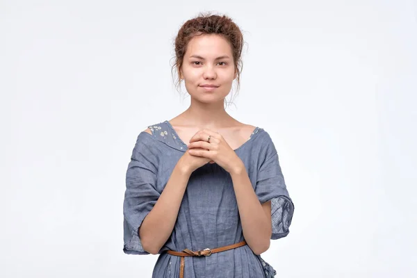 Young pretty woman with dreadlocks smiling confident looking happy in blue dress — Stock Photo, Image