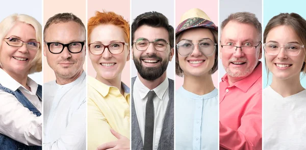 Collage av lyckliga unga och mogna människor i glasögon. — Stockfoto