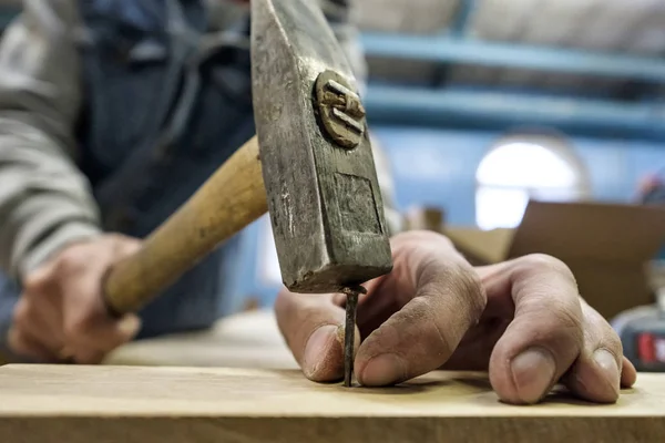 Manos de carpintero con martillo y clavo. Vista de cerca — Foto de Stock