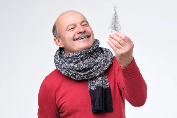 Homme hispanique tenant un petit pin. Concept de nouvelle année et de Noël . — Photo