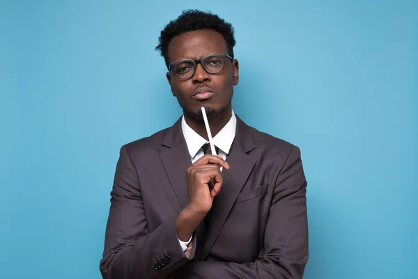 Suspicious Pensive African Man Suit Thinking Something Trying Come Solution — Stock Photo, Image