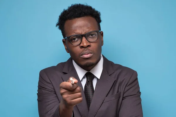 Hey You Angry Bossy African Man Pointing Finger Indicating Direction — Stock Photo, Image