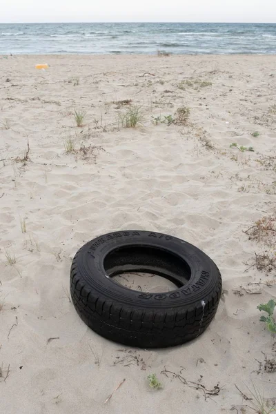 Car Tire Thrown Beach — Stock Photo, Image