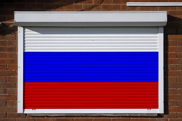 Russian Flag Closed Steel Security Shutters — Stock Photo, Image