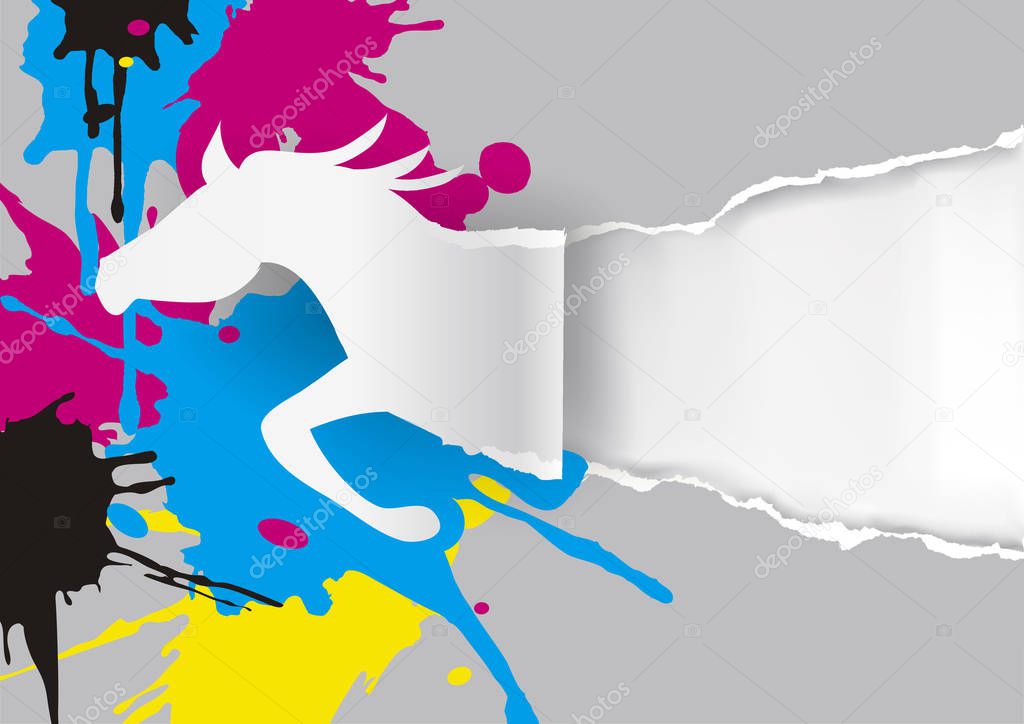 Horse ripping paper with ink splatters, blots.Illustration of paper horse silhouette ripiing paper with print colors.Place for your text or image.Vector available.