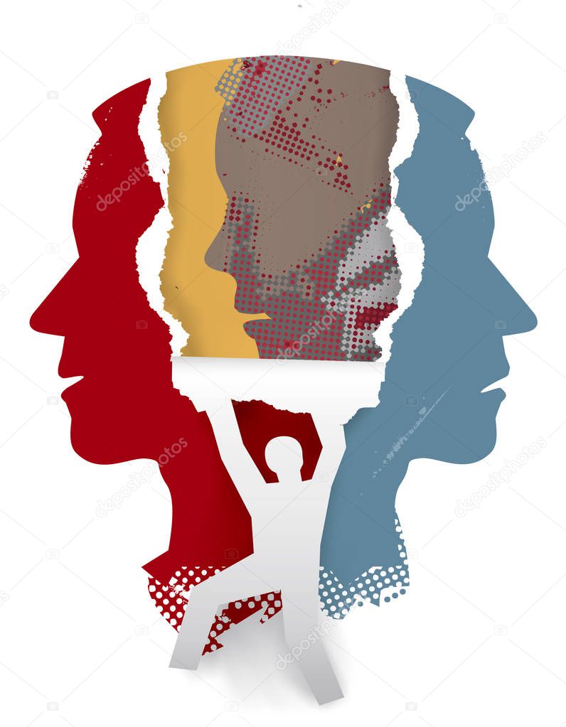 Schizophrenia psychiatric examination, paper concept.Ripped paper with Male head silhouettes and male silhouette ripping paper background. Vector available