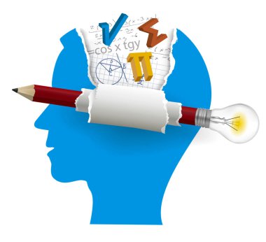 Akıllı çözümler, öğrenci matematik. Matematik sembolleri ve ampul ile kalem ile stilize erkek baş siluet. Beyaz arka plan üzerinde izole. Vektör kullanılabilir. 