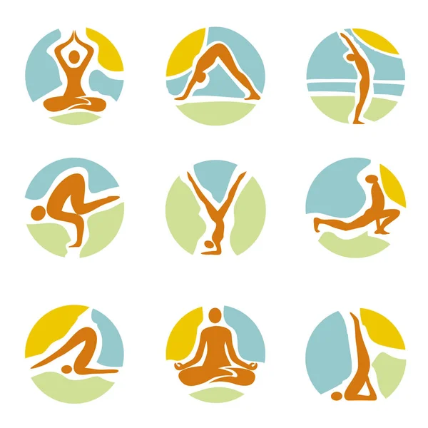 Iconos Yoga Sobre Fondo Redondo Colorido Símbolos Yoga Sobre Fondo — Vector de stock