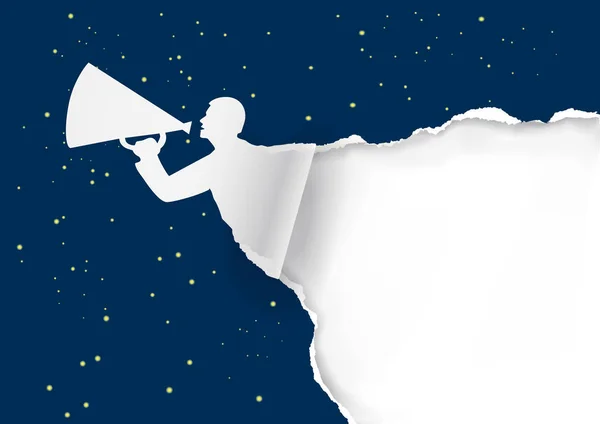 Promotion Hintergrund Mit Nächtlichem Sternenhimmel Mann Mit Megafon Reißt Papierhintergrund — Stockvektor