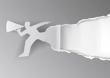 Kağıt sökük megafon çalışan adam. Megafon, yırtık kağıt arka plan ile stilize erkek siluet Illustration. Resim veya metin için yer. Vektör kullanılabilir.