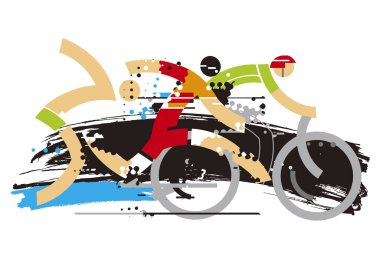 Stilize triatlon yarış expresiv. Grunge arka plan üzerinde üç triatlon sporcular Expresiv stilize Illustration. Vektör kullanılabilir. 