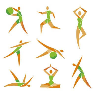 Fitness, yoga, meditasyon, egzersiz simgeler. Spor, fitness, yoga egzersiz renkli stilize simgeler kümesi. Vektör kullanılabilir. 