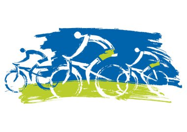 Bisikletçiler açık havada bisiklet. Grunge Stylized üç bisikletçiler Illustration. Beyaz arka plan üzerinde izole. Vektör kullanılabilir.