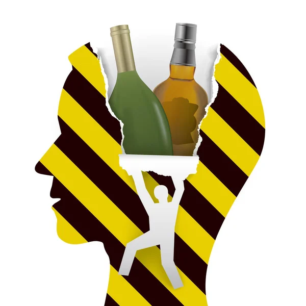危险酒精成瘾 男性头部的轮廓与酒精 Botlles 黄黑色条纹 男性剪影撕纸背景 酒精成瘾的概念 可用向量 — 图库矢量图片