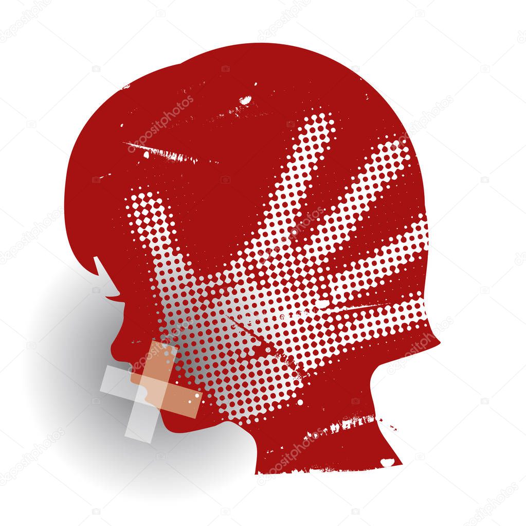 Little Child,hidden domestic violence. Little girl grunge stylized silhouette with hand print on the face and with taped mouth. Vector available. 