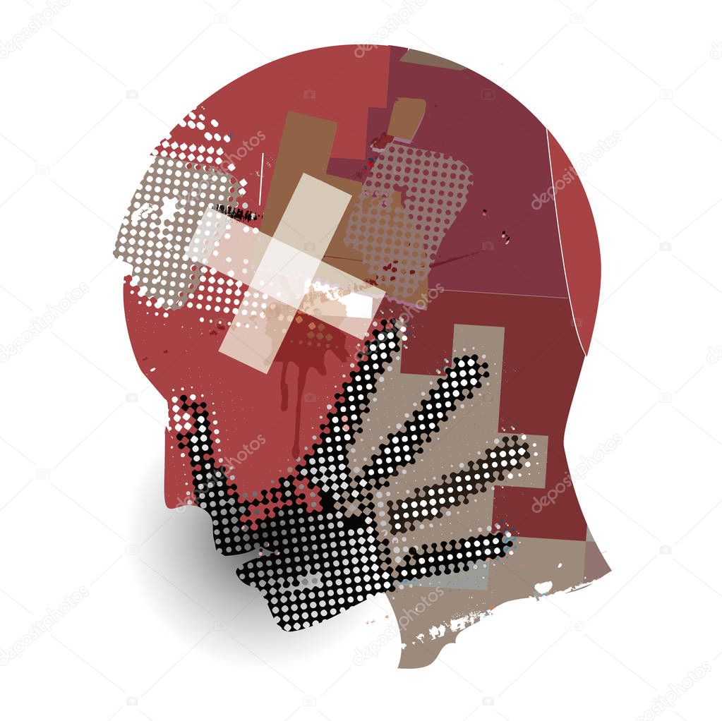 Man,Blood wound head, Victim of violence.Young man grunge silhouette with hand print on the face and Blood wound head. Vector available