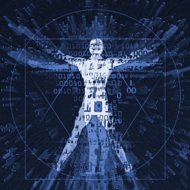 Dijital çağın Vitruvius adamı. Vitruvius adamı ikili kodları ile resmi dijital çağın sembolize. 